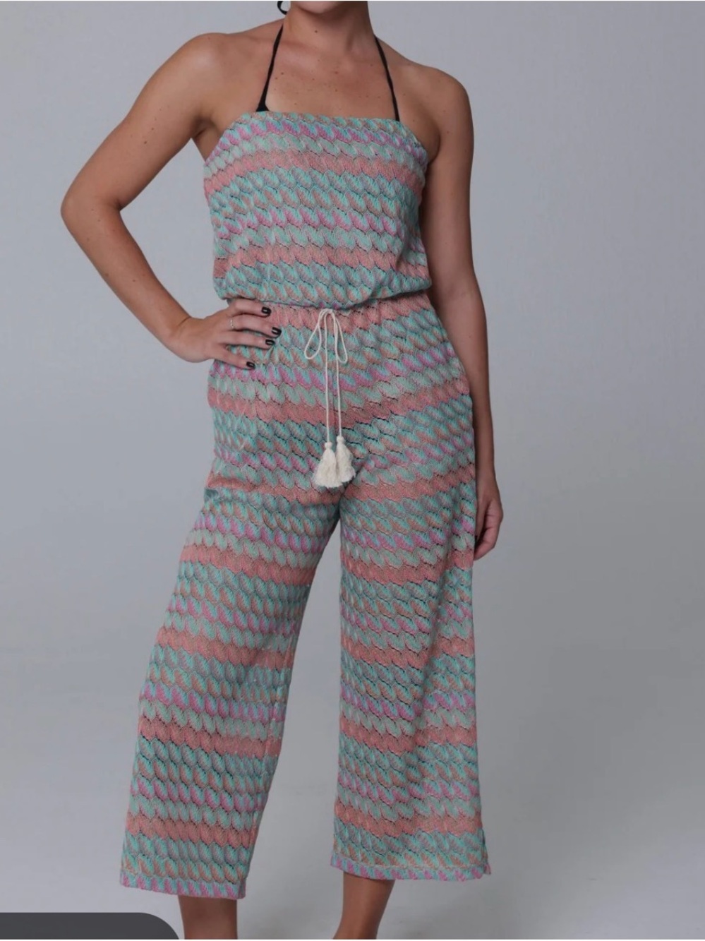 J Valdi size M Striped Knit Halter Jumpsuit in Mint & Blush